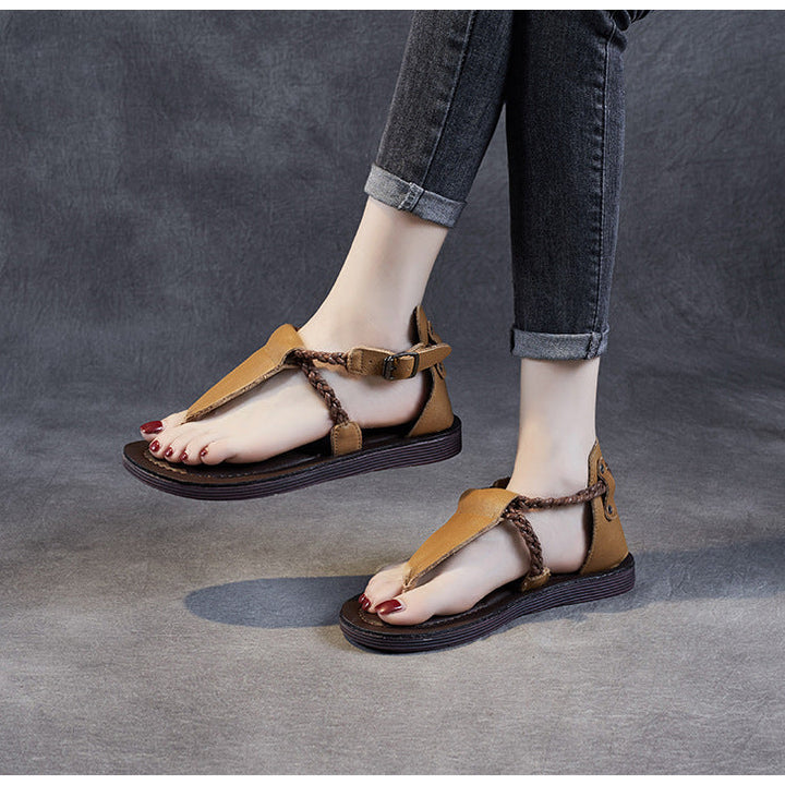 Women's Leather T-Strap Sandals - Vintage Braided Strappy Thong Flat Sandals Summer Buckle Slingback Shoes