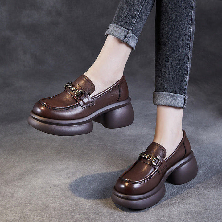 Women’s Leather Platform Block Heel Loafers – British Vintage Chain Detail