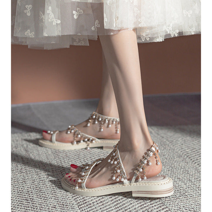 Women's Pearl Rhinestone Embellished Bohemian Flat Sandals