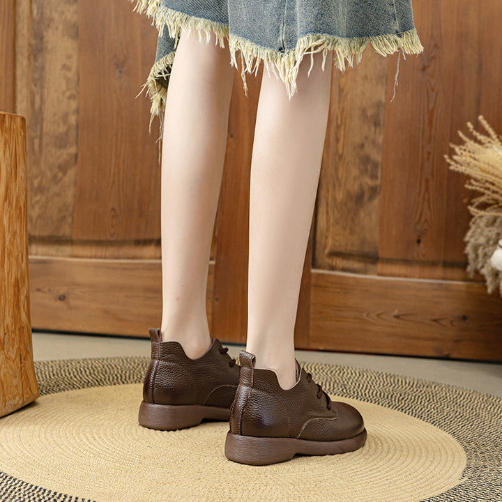 Women's Leather Oxfords - Pebble Grain Textured Round Toe Lace-Up Casual Shoes Comfort Walking Flats
