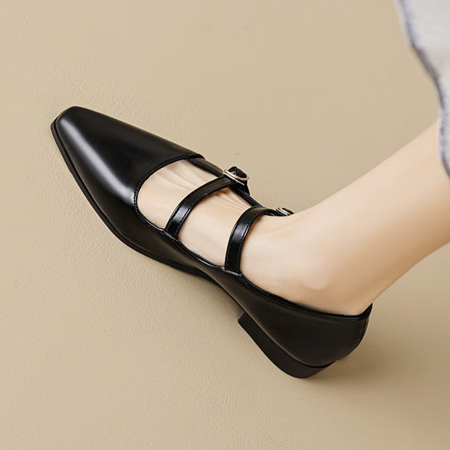 Closed Pointed Toe Strappy Pumps With Low Chunky Heels