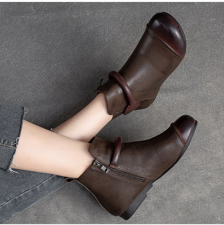 Women's Retro Leather Ankle Boots Vintage Round Toe Velcro Short Booties