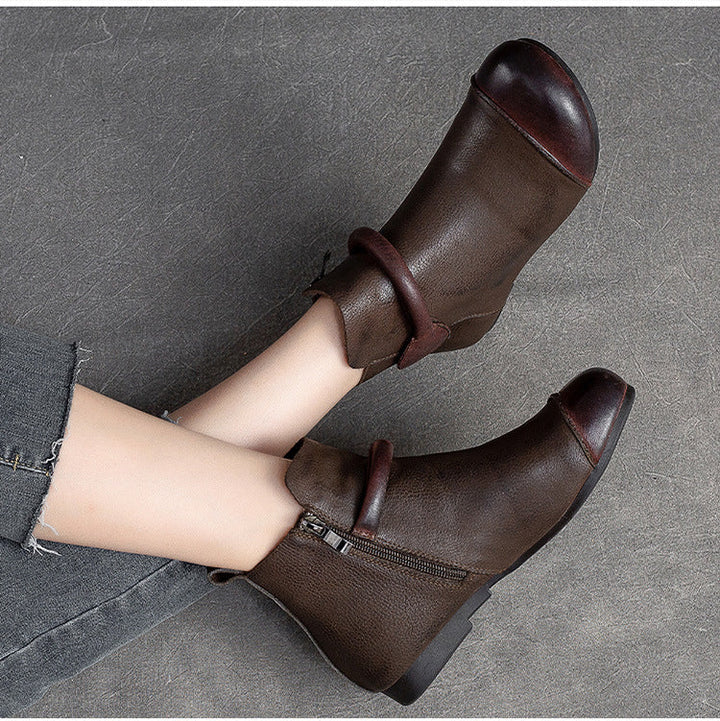 Women's Retro Leather Ankle Boots Vintage Round Toe Velcro Short Booties