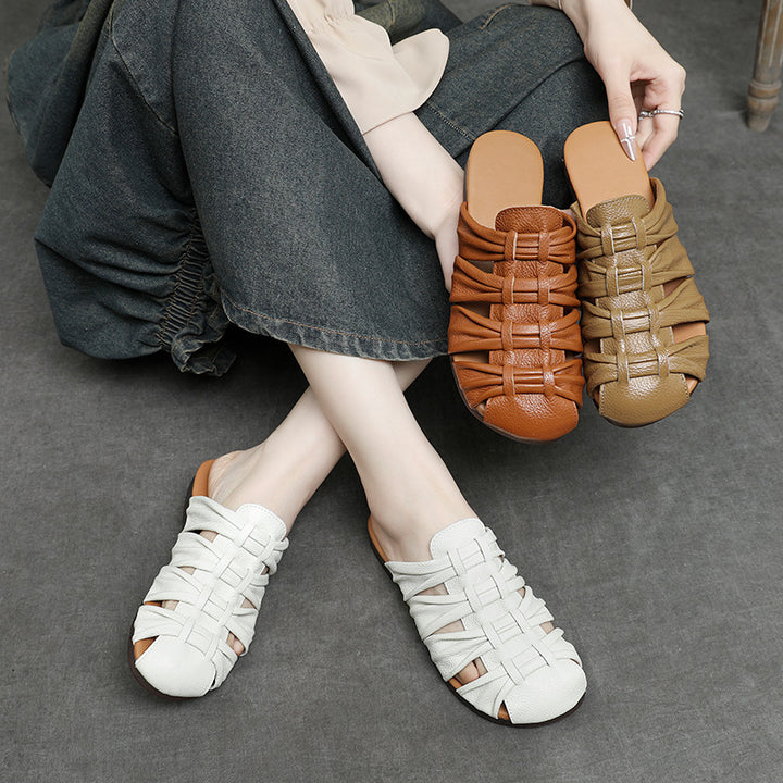 Women's Soft Leather Mules - Ruched Woven Closed Toe Flat Sandals Casual Slip-On Slide Slippers