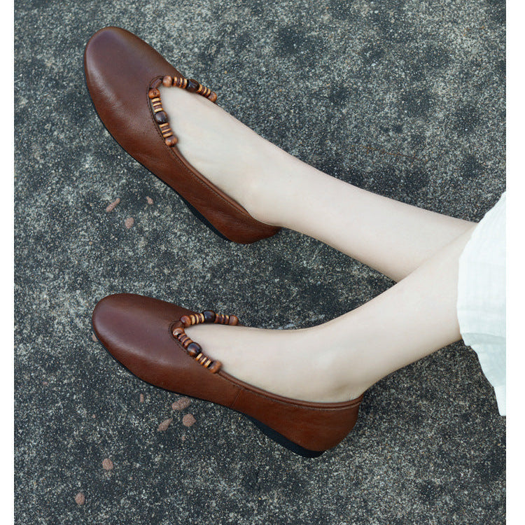 Women's Leather Ballet Flats - Vintage Beaded Loafers, Slip-on Round Toe Spring Summer Comfort Shoes