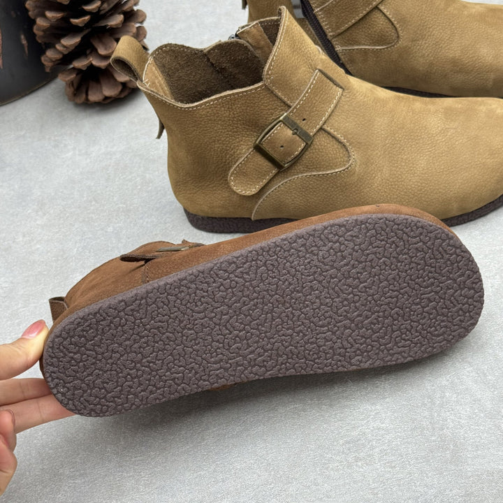 Women's Vintage Top-Grain Leather Ankle Boots Slip On Buckle Strap Flat Booties