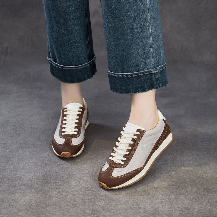 Women's Genuine Leather Hidden Wedge Sneakers Vintage Lace-up Round Toe Casual Shoes