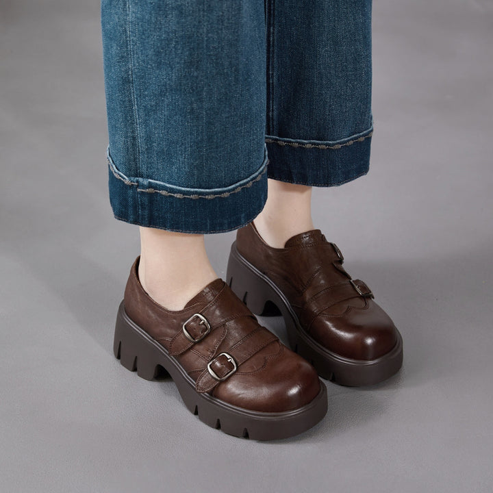 Women’s Retro Round Toe Derby Shoes – British Style Platform Loafers with Buckle