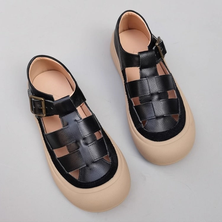 Women's Genuine Leather Closed-Toe Woven Sandals – Soft Sole & Casual Style