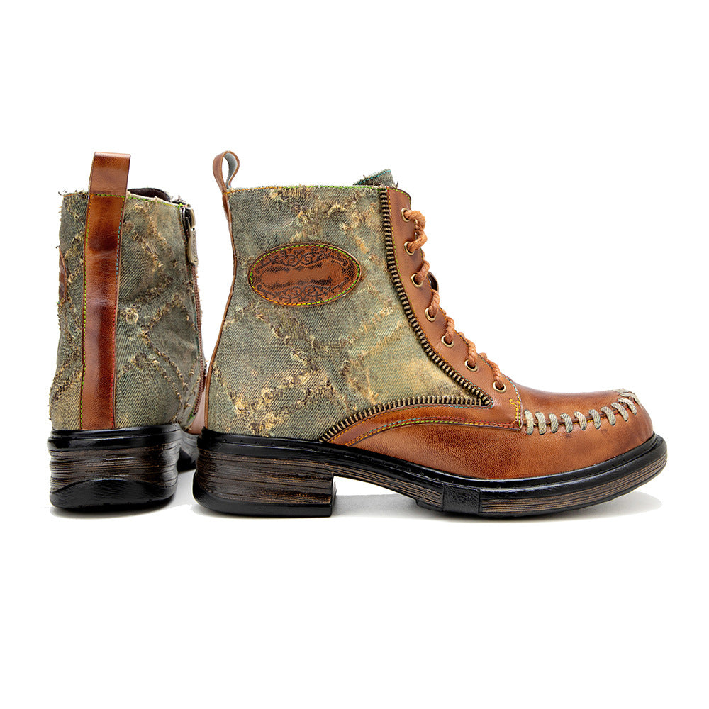 Women's Vintage Distressed Denim Sheepskin Ankle Boots Side Zipper Lace Up Combat Booties