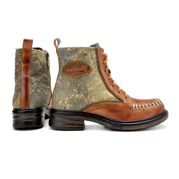 Women's Vintage Distressed Denim Sheepskin Ankle Boots Side Zipper Lace Up Combat Booties