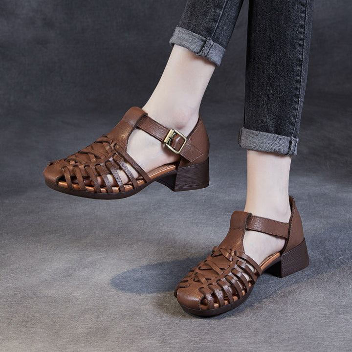 Women's Leather Fisherman Sandals - Vintage Interlocking Woven Closed Mid Block Heel Shoes with Buckle