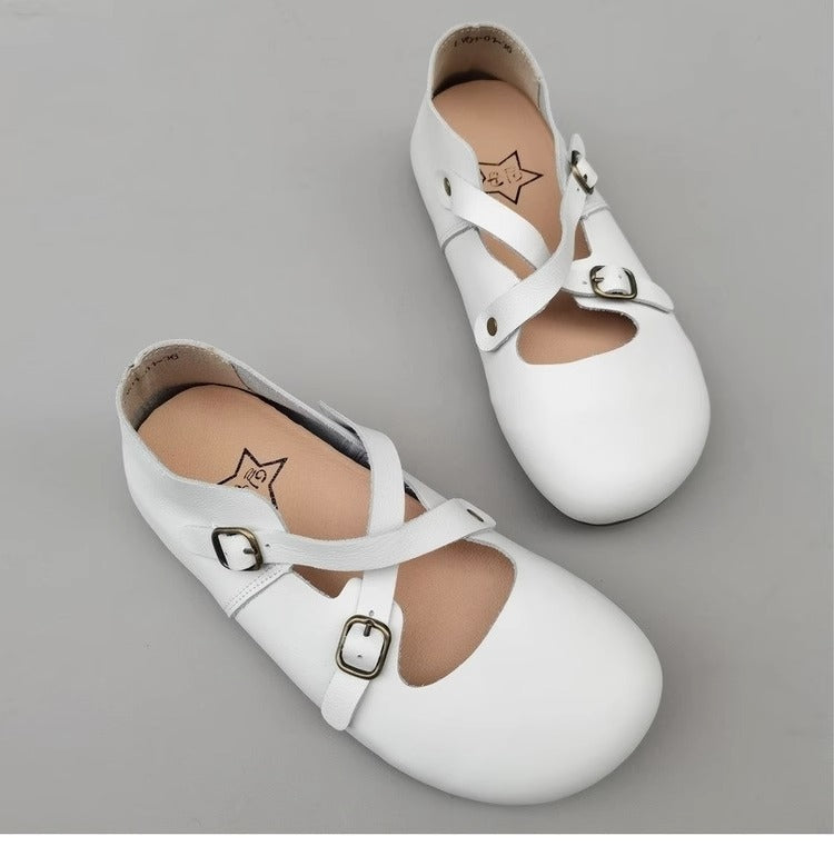 Women's Hidden Wedge Heel Shoes - Handmade Vintage Style with Cross Strap Buckle