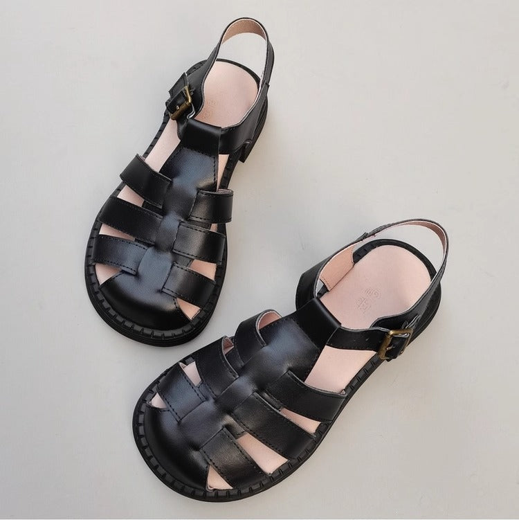 Women's Genuine Leather Wide-Toe Woven Sandals – Casual Style for Summer