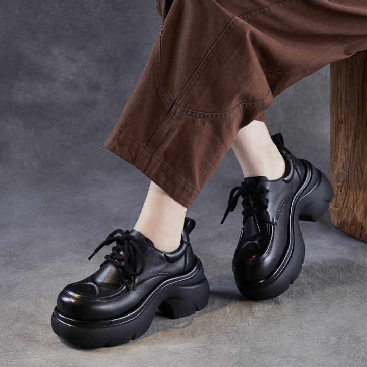 Women's Platform Genuine Leather Oxfords High Chunky Heel Lace Up Casual Shoes