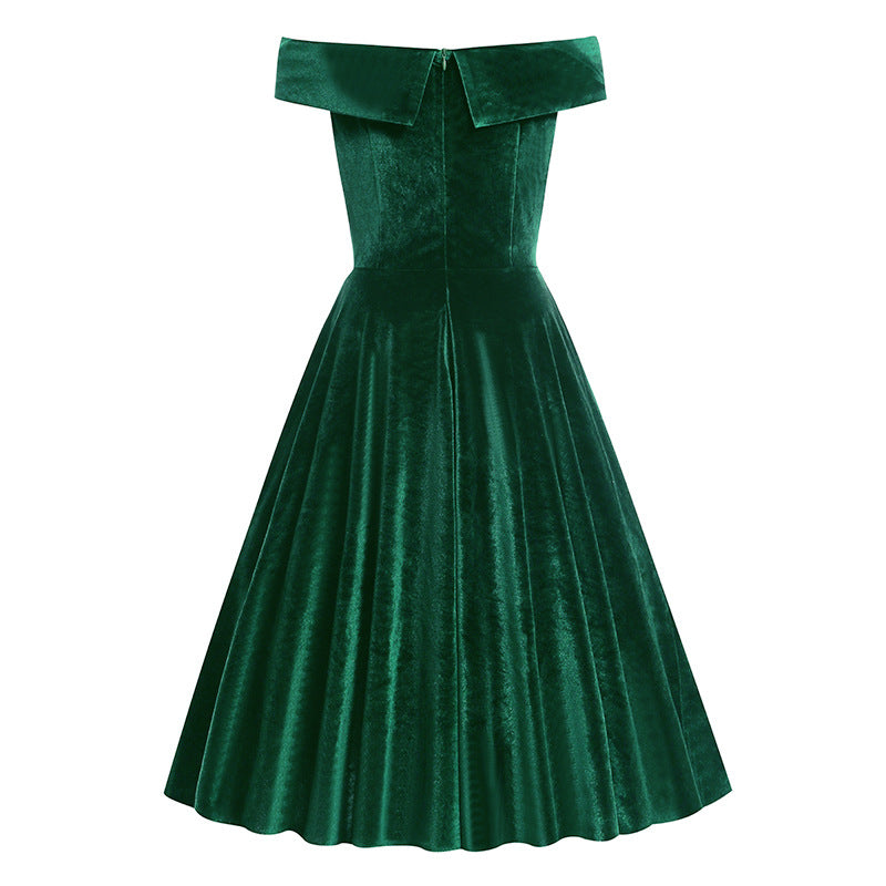Christmas Green Off Shoulder Velvet Vintage Prom Dress