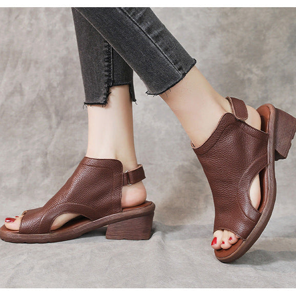 Women's Leather Block Heel Hollow Out Open Toe Sandals