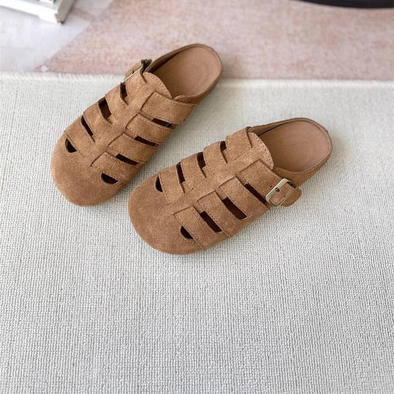 Women's Suede Round Toe Hollowed Out Casual Buckle Mule