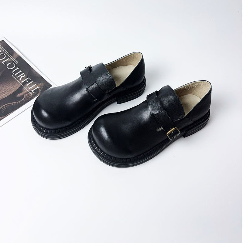 Women's Retro Top-Grain Leather Loafers Slip On Buckle Strap Casual Shoes