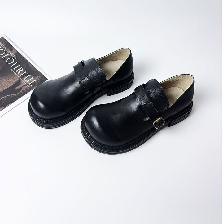 Women's Retro Top-Grain Leather Loafers Slip On Buckle Strap Casual Shoes