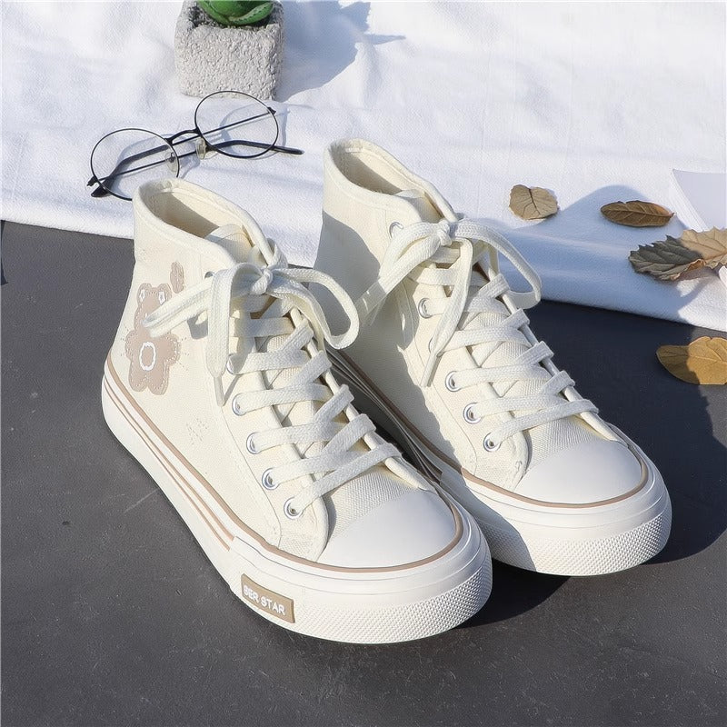 Women's Cute Bear Canvas High top Sneakers Lace up Tennis Shoes