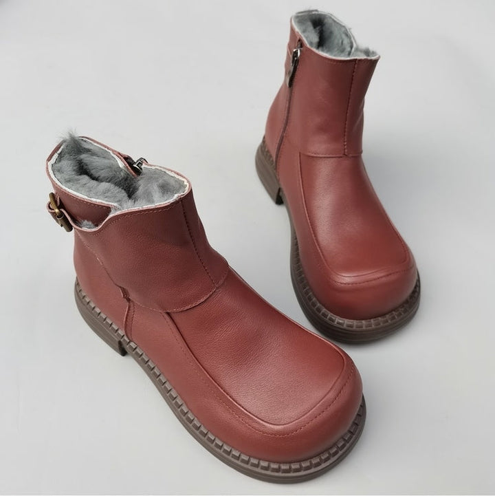 Women's Vintage Wide Toe Leather Derby Boots – Shearling Lined Winter Ankle Boots