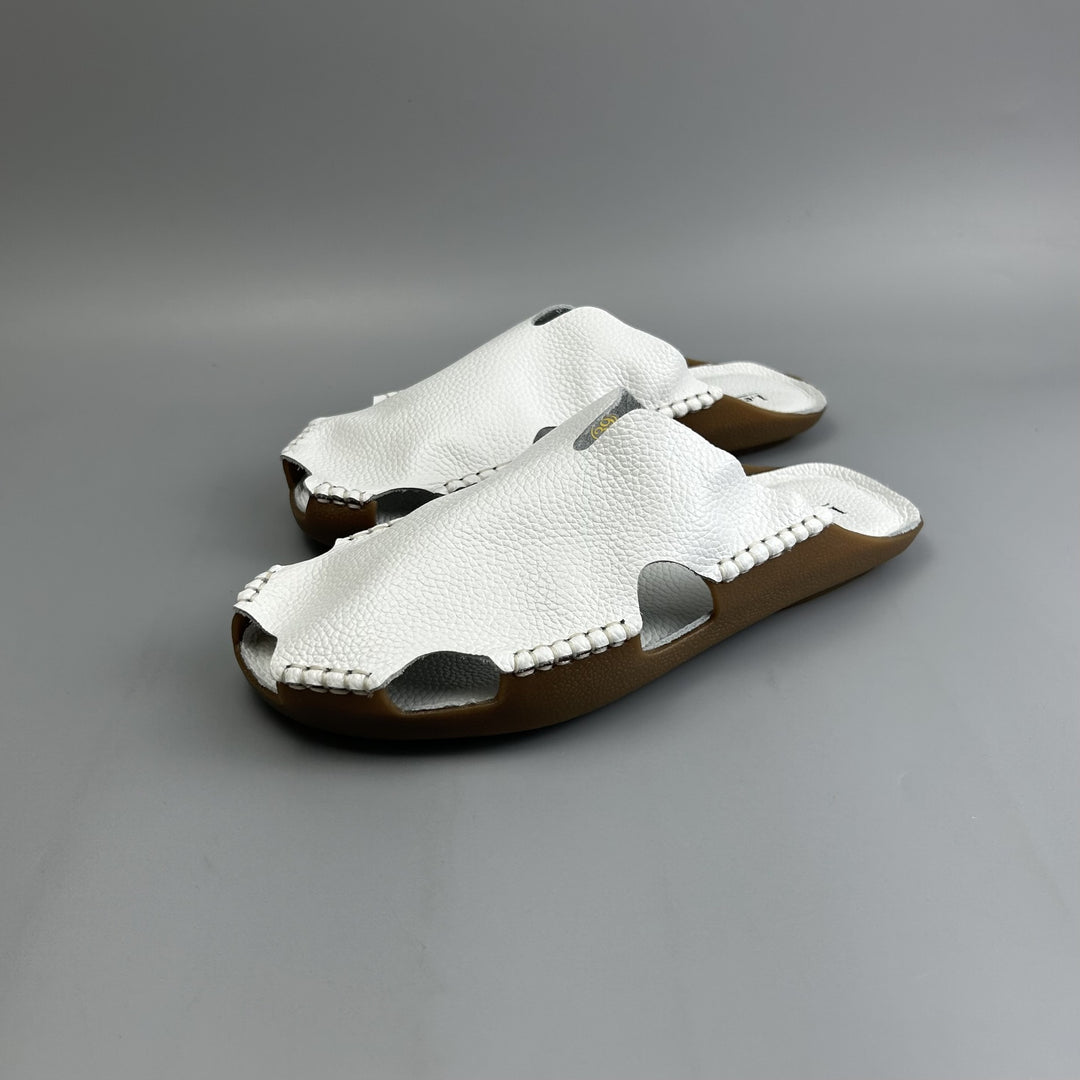 Women's Leather Mules - Soft Hand-Stitched Pebble Grain Flat Sandals Casual Summer Slip-On Slides