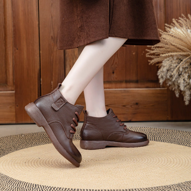 Women's Leather Ankle Boots - Vintage Round Toe Lace-Up Side Zipper Oxford Booties Comfort Walking Shoes
