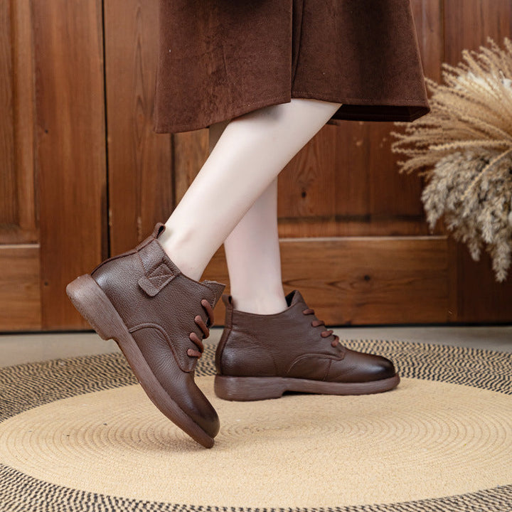 Women's Leather Ankle Boots - Vintage Round Toe Lace-Up Side Zipper Oxford Booties Comfort Walking Shoes
