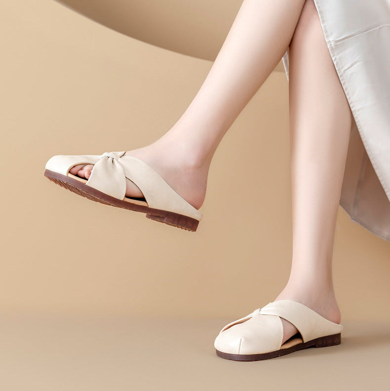 Women's Leather Mules - Closed Round Toe Flat Sandals Casual Slip-On Slides