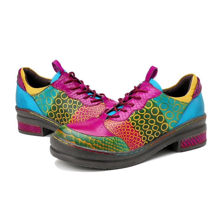 Dopamine Style Vibrant Leather Flats for Women - Artsy Geometric Print Lace-up Casual Shoes