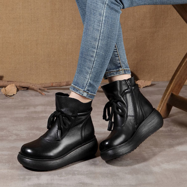 Women's Leather Ankle Boots - Platform Chunky Heel  Booties, Zipper Lace-up Fall Winter Shoes