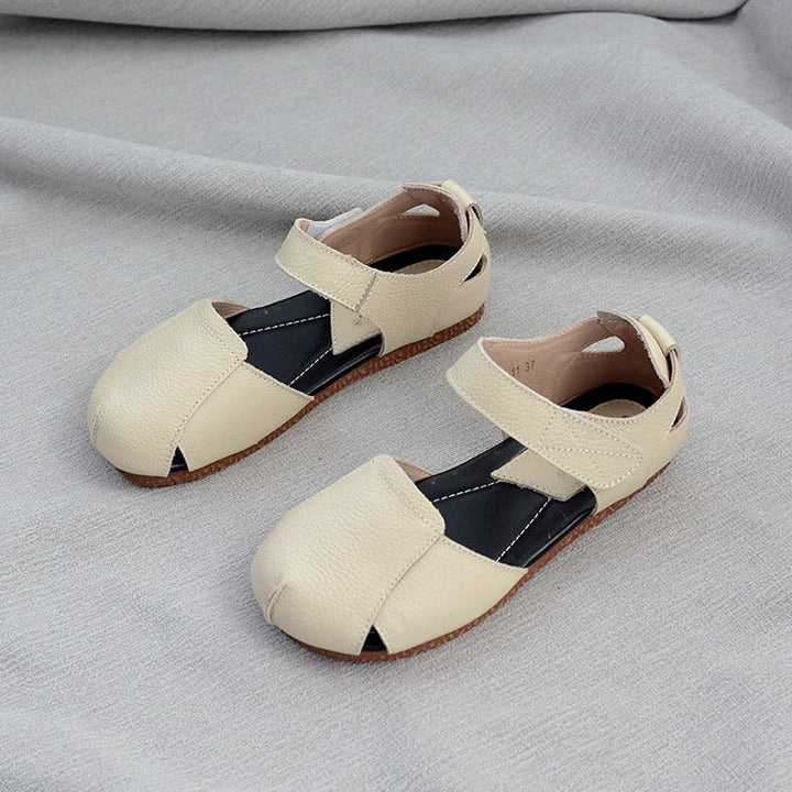 Women's Soft Leather Closed-Toe Velcro Sandals – Comfortable Flat Style