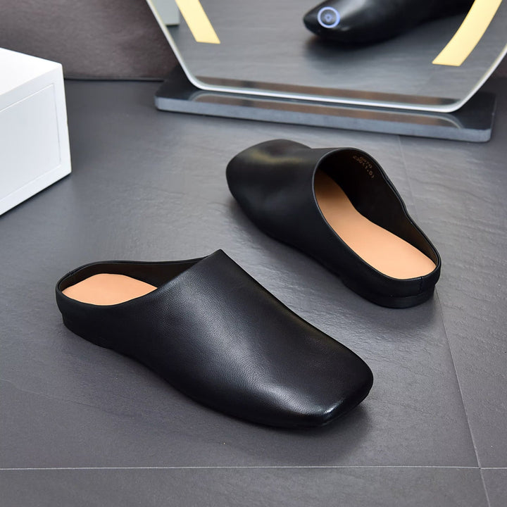 Women's Minimalist Square Toe Leather Slides - Zen Style Summer Mules Flat