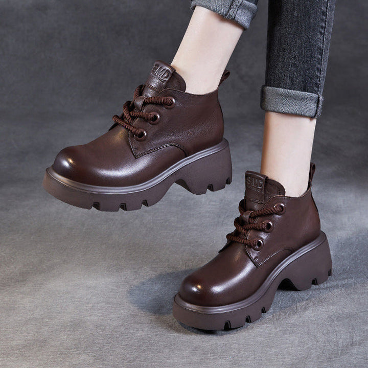 Women's Retro Genuine Leather Platform Lace-Up Chunky Boots