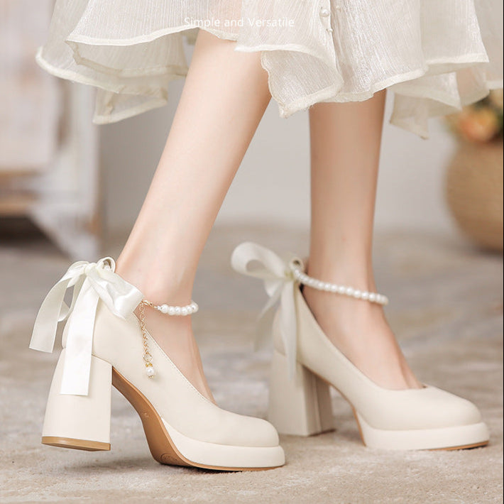 Women's Platform Pump - Block High Heel with Bow & Pearl Details
