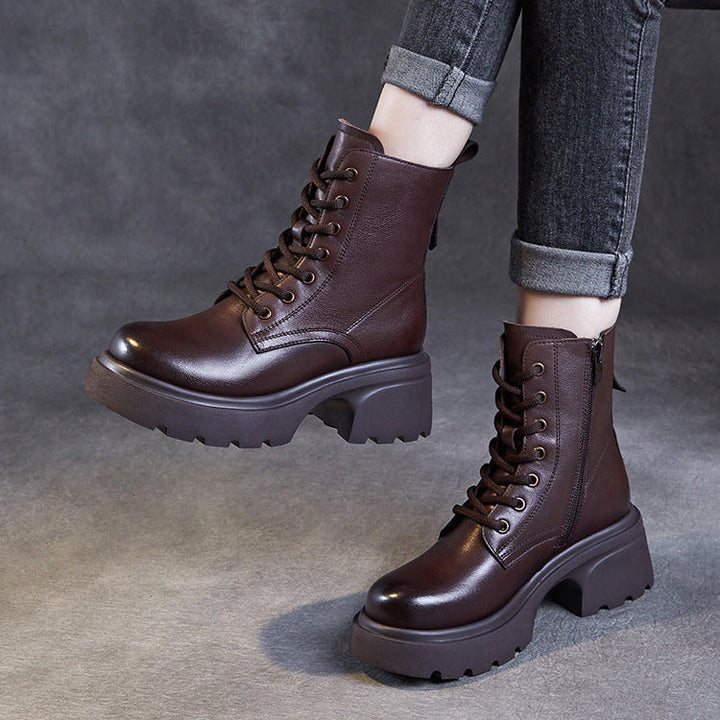 Women's Casual Genuine Leather Platform Boots – Chunky Heel & Side Zip