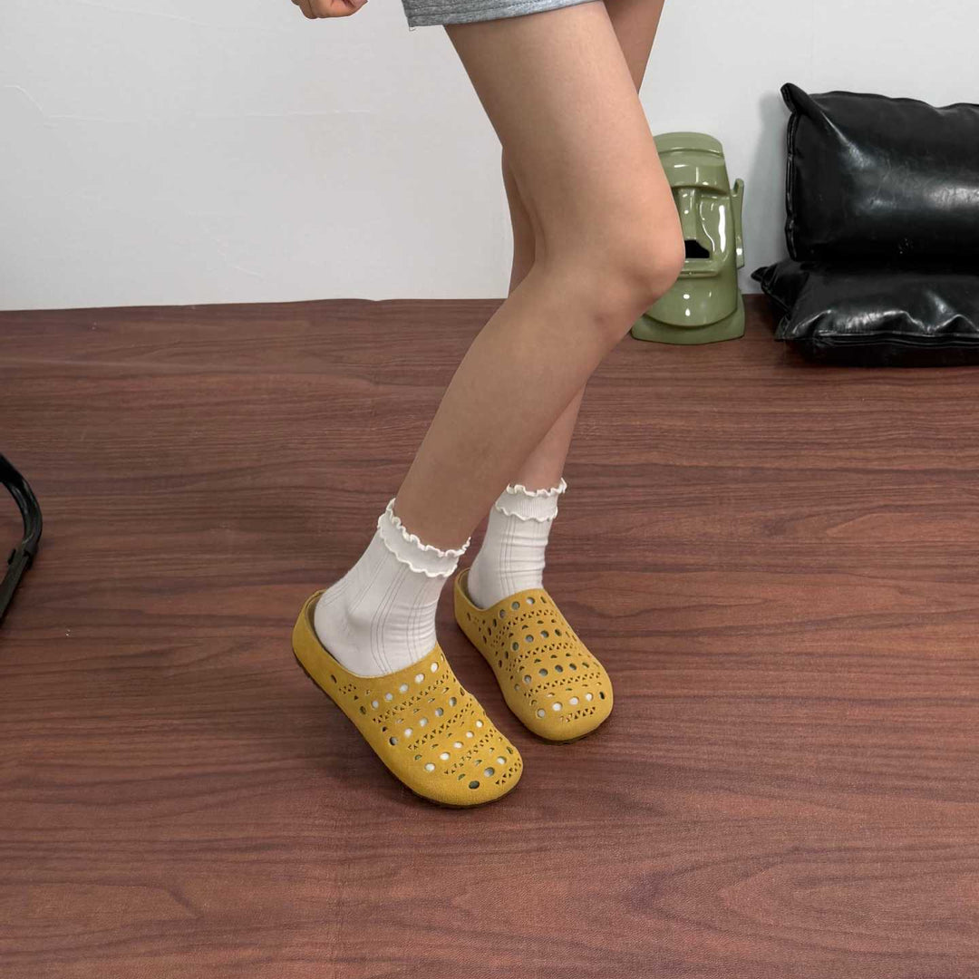 Women's Platform Leather Clogs Perforated Hollow-Out Mules Barefoot-Friendly Slippers