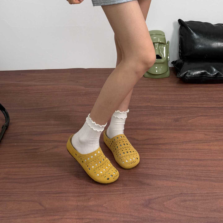 Women's Platform Leather Clogs Perforated Hollow-Out Mules Barefoot-Friendly Slippers