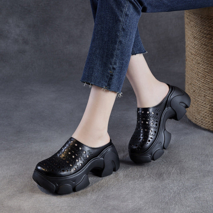 Women's Leather Platform Mules - Hollow Out Perforated Closed Round Toe Chunky Sandals Summer Slides