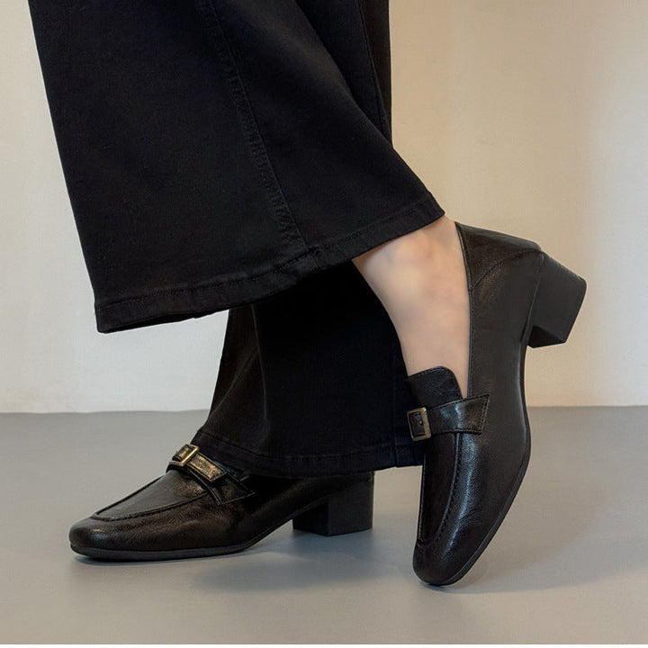 Women's Premium Leather Loafers - Square Toe Vintage Buckle Strap Chunky Heel Pumps