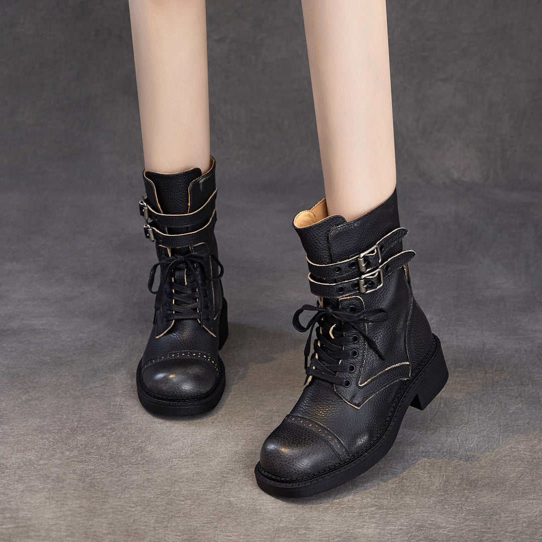 Women‘s Retro Cowhide Mid-Calf Boots Vintage Round Toe Buckle Lace-up Combat Boots