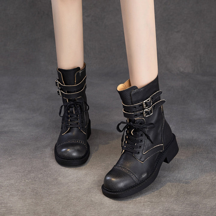Women‘s Retro Cowhide Mid-Calf Boots Vintage Round Toe Buckle Lace-up Combat Boots