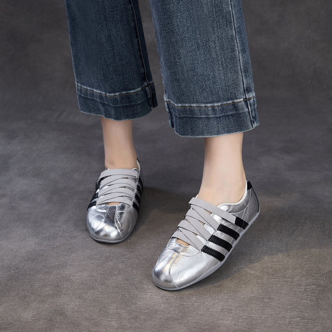 Women's Retro Cowhide Sneakers Vintage Round Toe Strappy Velcro Driving Flats