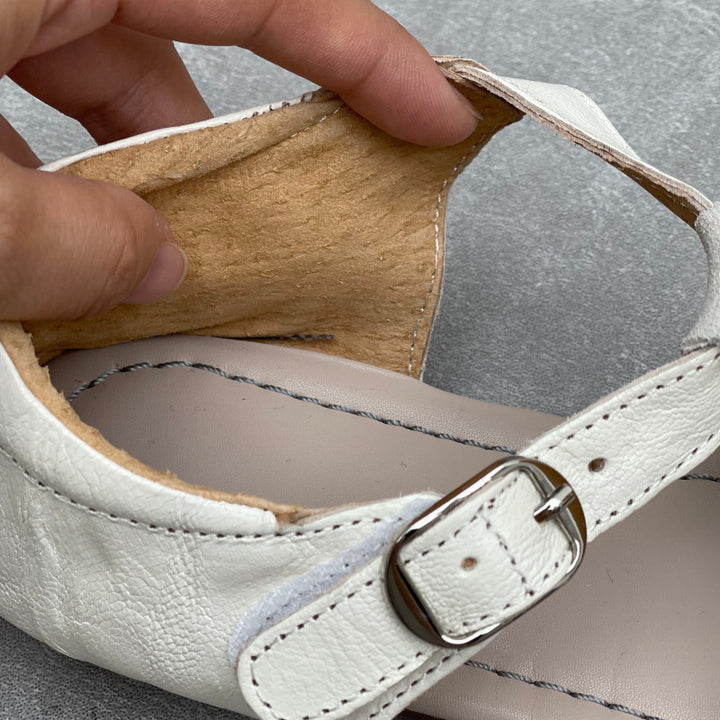 Women's Genuine Leather T-Strap Mary Jane Sandals Retro Square Toe Flats