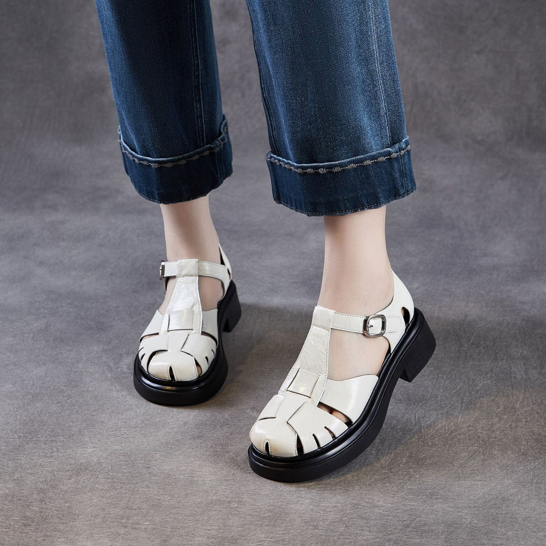 Women's Chunky T-Strap Mary Janes Platform Perforated Fisherman Sandals Casual Summer Shoes