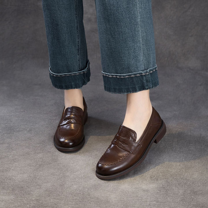 Women's Genuine Leather Penny Loafers Vintage Slip-on Round Toe Low Heel Shoes