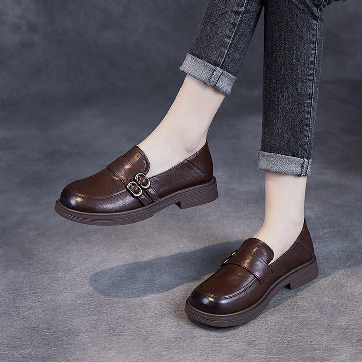 Women’s Leather Slip-On Loafers – Vintage British Low Heel