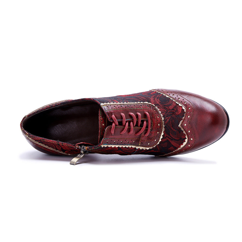 Women's Vintage Floral Sheepskin Oxfords High Heel Lace Up Brogue Booties