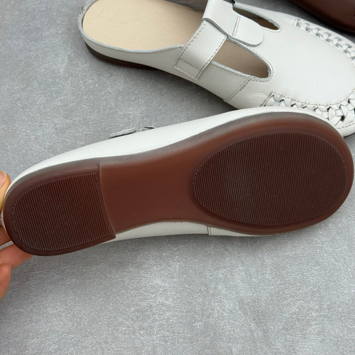 Women's T-Strap Leather Mules Retro Woven Perforated Clogs Barefoot-Friendly Casual Summer Flats